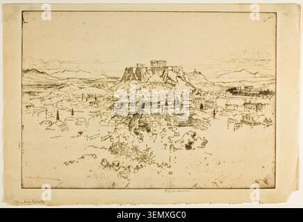 Athen vom Berg Lybacettus von Joseph Pennell, 1913, zeigt die antike Stadt, die sich über ein Tal unter einer befestigten akropolis mit umliegenden Bergen und Landschaft erstreckt Stockfoto