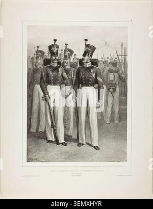 Unteroffizier und Soldaten des Volhynie-Regiments (kaiserliche Garde), Camp Vosnessensk von Denis Auguste Marie Raffet (1842–44), die uniformierte Militärfiguren in Formation mit hohen zeremoniellen Kopfbedeckungen darstellen Stockfoto