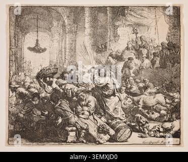 Christ Driving the Money Changers from the Temple von Rembrandt van Rijn, 1635, in dem Jesus Händler und Tiere aus einem überfüllten Tempelinneren vertreibt Stockfoto
