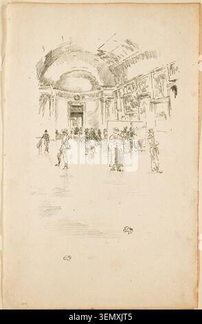 The Long Gallery, Louvre von James McNeill Whistler, 1894, zeigt Besucher, die durch ein kunstvoll verziertes Museumsinnere mit Bogendecken und Kunstwerken an den Wänden schlendern Stockfoto