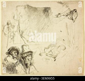 Studienblatt mit einer Frau, die krank im Bett liegt von Rembrandt van Rijn, um 1639, mit mehrstelligen Studien, darunter Bettler, ein liegender Patient und Figuren im Gespräch Stockfoto