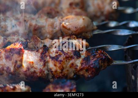 Nahaufnahme marinierter Hähnchenspieße, die auf einem Grill grillen, mit saftigem Fleisch, verkohlten Kanten und aromatischem Rauch in warmem Licht. Stockfoto