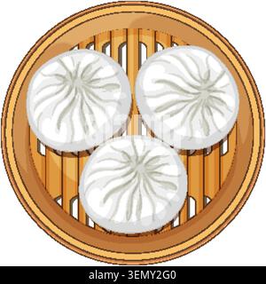 Vektor-Illustration von drei gedämpften Knödeln in einem Bambuskorb mit einer Top-down-Komposition. Stock Vektor