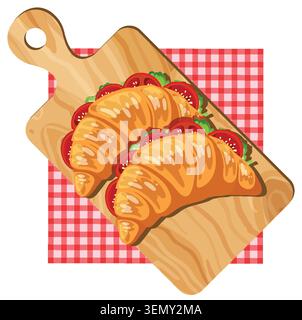Zwei Croissant-Sandwiches mit Tomaten und Grün auf Holzbrett, flache Vektor-Illustration Stil Stock Vektor