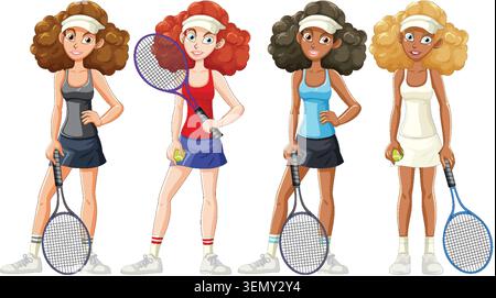 Vier Cartoon-Tennisspielerinnen in verschiedenen Outfits, die Schläger halten, in Reihe stehen, weißer Hintergrund Stock Vektor