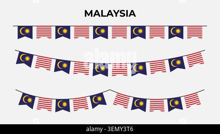 Malaysische Flagge Schwalbenschwanz-Girlande mit wechselnden nationalen Elementen. Malaysische Jalur Gemilang hängende Wimpelschnur für Merdeka Event. Stock Vektor