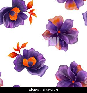 Lila Blumen nahtloses Aquarelldesign mit eleganten violetten Blüten und orangefarbenen Akzenten. Dekorativer botanischer Hintergrund für Stoff, Tapeten Stockfoto