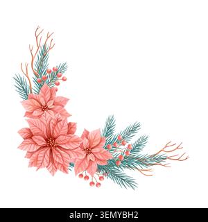 Hand gezeichnet Aquarell Ecke florale Komposition mit Weihnachtsstern, Tannenzweigen und Beeren, isolierte Weihnachtsillustration Stockfoto