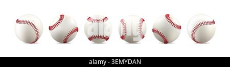 Baseball-Ball-Clipart. Set aus weißem Leder-Softball, Vintage-Linie mit roten Stichen. 3D-Modell isolierter Vektor. Teamlogo für Spielerausrüstung Stock Vektor