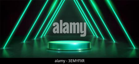 Neongrünes rundes Podium mit futuristischen LED-Linienlichtern, abstrakter Vektorhintergrund. Tunnel mit perspektivischer Ansicht, dynamische Kulisse für die Spielbühne im Casino für Produktpräsentationen im dunklen Club-Innenraum Stock Vektor