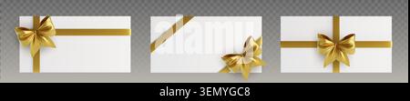 Realistische goldene Schleife auf weißer Geschenkbox mit glänzender Satinstruktur, Vektor-Set isoliert auf transparentem Hintergrund. Weihnachtskarten, Zertifikate und festliche Festmotive mit elegantem Rand Stock Vektor