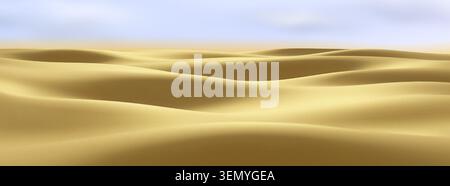 Realistische Wüstendünen mit gelben Sandwellen unter blauem Himmel. 3D Vektor sahara Landschaft Hintergrund mit heißen sandigen Hügeln, Reise Abenteuer Banner und Sommer Safari Design Vorlage, Panoramablick Stock Vektor