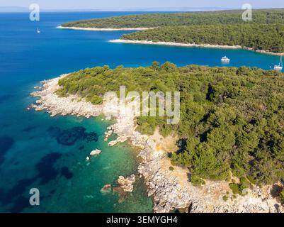 Blick aus der Vogelperspektive auf die bewaldete Küste und die tiefen Buchten der Insel Rab, Kroatien Stockfoto