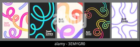 Abstraktes Poster Set mit Neonfarben gekrümmten Linien, dynamischem Bewegungsmuster, Vektor welligen Kritzelhintergrund. Fließende Formen auf schwarzem, weißem Hintergrund für modernes Grafikdesign und Musikfestbanner Stock Vektor