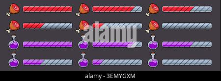 Pixel Art Spiel Bars, Fleisch für Gesundheit Score Fortschritt, Energiemesser, Retro 8 Bit Gift für Mana Indikator, Cartoon Vektor Gauge Symbole. hud-Schnittstelle für klassische Videospiele und Anzeige der Arcade-Power-Tracking-Funktion Stock Vektor