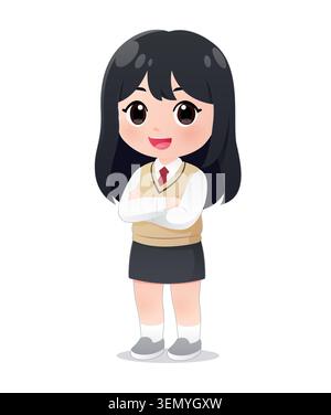 Niedliche Zeichentrickillustration eines koreanischen Highschool-Mädchens in Schuluniform, selbstbewusst mit gekreuzten Armen, großen Augen und freundlichem Ausdruck Stockfoto