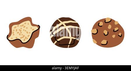 Schokoladentrüffel und Sternenbonbons. Handgezeichnete Illustration von Gourmet-Pralinen und nussigen Süßigkeiten für Weihnachtsgeschenke, Süßwaren Branding, Gebäck Stock Vektor