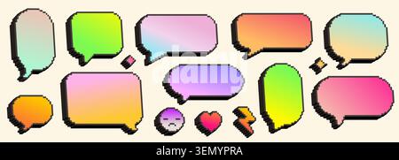 3D-Pixel-Sprechblasen, Neon-Emotionssymbole für Retro-Messenger-Design. Vektorillustrationen Set aus leeren isometrischen Textwolken, traurigem Gesicht, Herz und Blitz, kreative Computergrafiken im Stil der 90er Jahre Stock Vektor