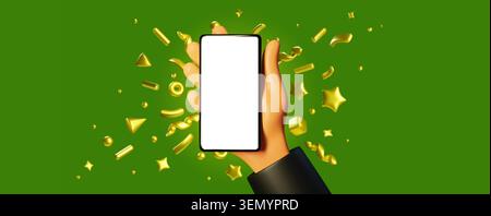 3D-Handheld-Smartphone mit leerem Bildschirm auf grünem Hintergrund. Mit goldenem Konfetti. Vektor-realistische Illustration des Mockups von Mobiltelefonen, modernes Online-Banking-App-Design, Gewinnervorlage Stock Vektor