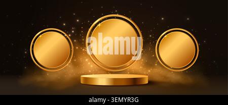 Goldene Runde Gewinnerrahmen, Preisposter mit dunklem Hintergrund und schimmerndem Konfetti. Realistische Vektor-Illustration des glänzenden goldenen Podiums, Abzeichen mit Metallstruktur, Premium Trophäendesign Stock Vektor