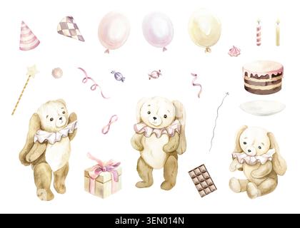 Geburtstagsset mit niedlichen Häschen, Ballons, Kuchen, Kerzen, einem Geschenk und Partyhüten. Handgezeichnete Aquarellillustration, isoliert. Pastellfarbene ClipArt für Stockfoto
