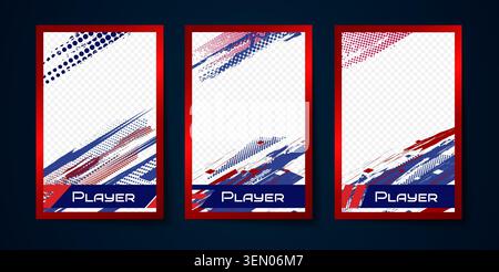Sport Trading Card Vorlage mit Fußballspielerrahmen, Halbtonstruktur, Vektorränder mit transparentem Hintergrund. Modernes Sammlerdesign für Fußball-, Hockey-, Baseball- und Basketballfotos Stock Vektor