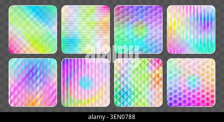 Transparente Regenbogenglasrahmen mit gerippter Textur und glänzendem Glanz, realistische, nahtlose Hintergründe. Abstrakte Kristallpaneele mit verlaufenden Lichteffekten, klaren geometrischen Mustern und Reflexionen Stock Vektor
