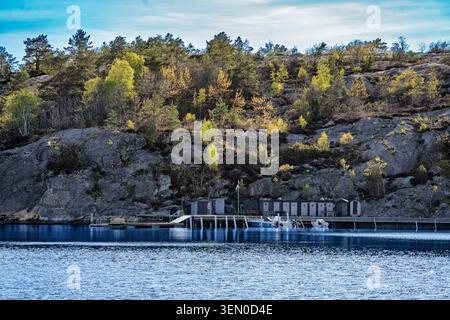Ruhige Küstenszene mit glatten Felsen, ruhigem Wasser und natürlicher Vegetation unter einem hellblauen Himmel Stockfoto