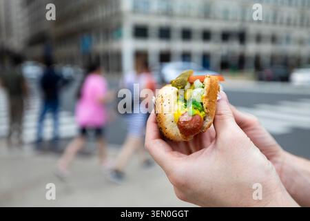 Nahaufnahme einer Hand, die einen traditionellen Hotdog im Chicago-Stil hält, auf dem Hintergrund der Stadt. Fast Food, amerikanische Küche, Street-Food-Kultur und Sommer-Lunch Stockfoto