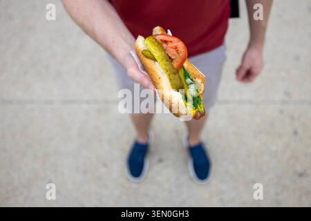 Nahaufnahme einer Hand, die einen traditionellen Hotdog im Chicago-Stil hält, auf dem Hintergrund der Stadt. Fast Food, amerikanische Küche, Street-Food-Kultur und Sommer-Lunch Stockfoto