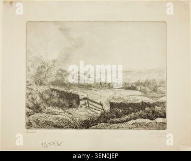 Das Wiesentor von Alphonse Legros, um 1885, zeigt eine ländliche Landschaft mit Holzzaun, sanften Feldern und weit entfernten Baumlinien unter freiem Himmel Stockfoto