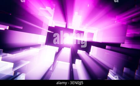 Abstrakte lila geometrische Strukturen mit Lichtstrahlen, die eine futuristische Atmosphäre schaffen. Abbildung, Rendering Stockfoto