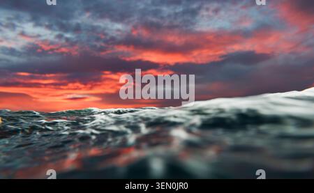 Wellen im Ozean unter einem dramatischen roten und violetten Sonnenuntergang. Abbildung, Rendering Stockfoto