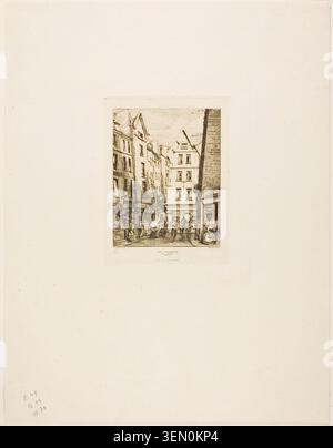 Rue pirouette aux Halles, Paris von Charles Meryon, 1860, zeigt eine enge Pariser Straße, die von mehrstöckigen Gebäuden gesäumt ist und zahlreiche Fußgänger im täglichen Handel und in sozialen Aktivitäten tätig sind Stockfoto
