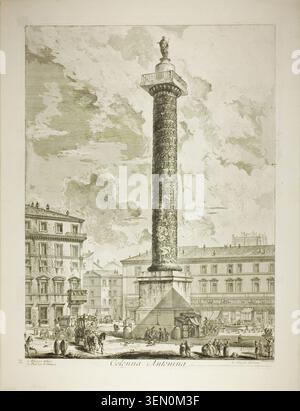 Die Säule des Marcus Aurelius von Giovanni Battista Piranesi, 1750–59, zeigt ein hoch aufragendes römisches Denkmal, umgeben von klassischen Gebäuden und zahlreichen Figuren auf einem belebten platz Stockfoto