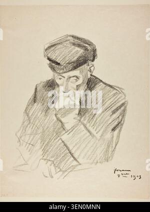 Porträt von Renoir, Vierte Platte von Jean Louis Forain, 1905, mit einem bärtigen Mann in einer Dreiviertelansicht mit gestreifter Jacke und Mütze, in sanften Bleistifttönen dargestellt Stockfoto