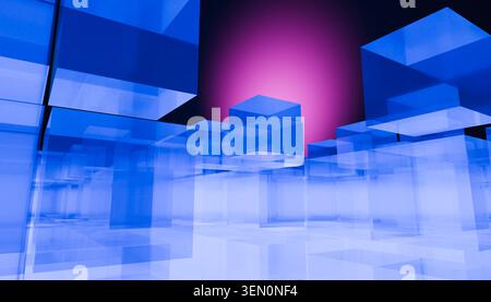Abstrakte blaue Glaswürfel mit leuchtendem rosa Licht im Hintergrund. Abbildung, Rendering Stockfoto