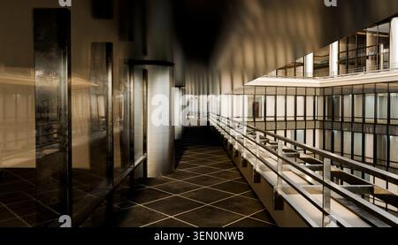 Moderner Glaswandkorridor mit geometrischen Mustern und reflektierenden Oberflächen. Abbildung, Rendering Stockfoto