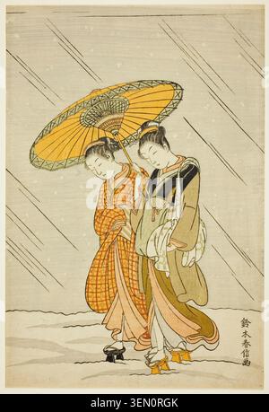 Schnee auf dem Rückweg aus dem öffentlichen Bad von Suzuki Harunobu, ca. 1766/67, zeigt zwei junge Frauen, die einen gelben Regenschirm in fallendem Schnee teilen, elegante Kimonos und traditionelle Schuhe tragen Stockfoto