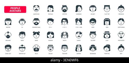 Verschiedene Personen Avatare zeigen männliche und weibliche Gesichter, Frisuren, Berufe und Subkulturen für Benutzerprofile, Identitätsthemen und Social Interface Grafiken schwarze solide Symbole setzen Vektorillustration Stock Vektor