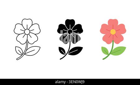 Blumenblüten-Symbol Set Umriss Silhouette und Farbvektor isoliert auf weißem Hintergrund Stock Vektor