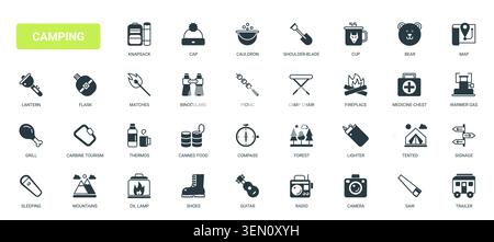 Camping- und Outdoor-Abenteuer-Ausrüstung Symbole mit Unterschlupf, Kochen, Navigation, Wandern und Überlebensbedarf für Reisen und Wildnis-Erholung schwarze solide Symbole setzen Vektor-Illustration Stock Vektor