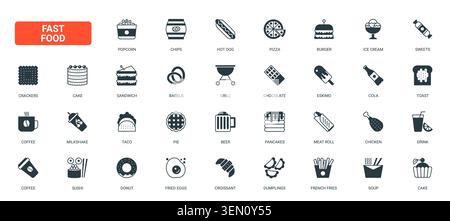 Symbole für Fast-Food-Menüs mit Burgern Pizza Pommes Kaffee Desserts und Snacks zum Mitnehmen für Restaurant Branding und Lieferung Themen schwarze feste Symbole setzen Vektor-Illustration Stock Vektor