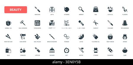 Schönheit und Kosmetik Wellness Symbole mit Make-up, Hautpflege, Spa-Behandlung, Haarpflege und Selbstpflege Essentials für Salon Branding schwarz feste Symbole setzen Vektor Illustration Stock Vektor