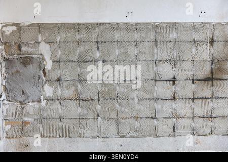 Renovierungsprojekt Wandstruktur in einem alten Berliner Apartmenthaus, die die rohe, unfertige Oberfläche vor der Modernisierung zeigt. Stockfoto