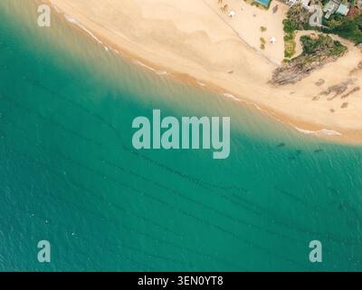 Blick aus der Vogelperspektive auf einen ruhigen Strand mit türkisfarbenem Wasser und goldenen Sandstränden. Stockfoto