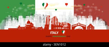 Reise Wahrzeichen Jubiläum Italien Tag mit Silhouette Architektur Hintergrund, Italien republik Jubiläum Feier und Tour Architektur Landm Stock Vektor