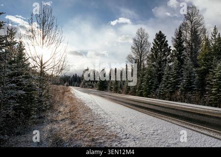 Schneebedeckte Straße schlängelt sich durch einen Winterwald mit Sonnenschein durch Wolken. Stockfoto