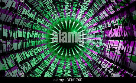 Futuristischer Tunnel mit grünen und violetten Neonlichtern für eine faszinierende Technologie-Atmosphäre. Stockfoto