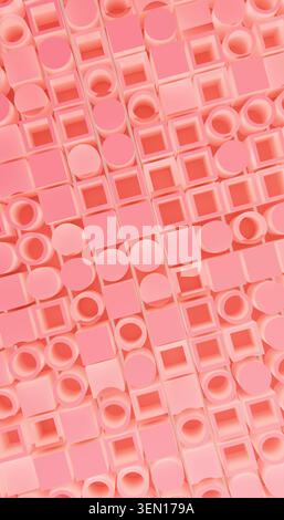 Abstraktes geometrisches Muster mit pinkfarbenen 3D-Kreisen und Quadraten, das eine strukturierte Oberfläche erzeugt. Stockfoto